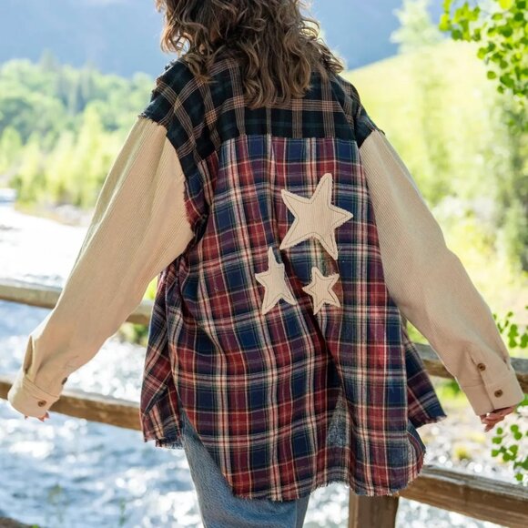 NATURAL LIFE Tops - Natural Life Carter Applique Flannel Shirt, Cream Star L/XL